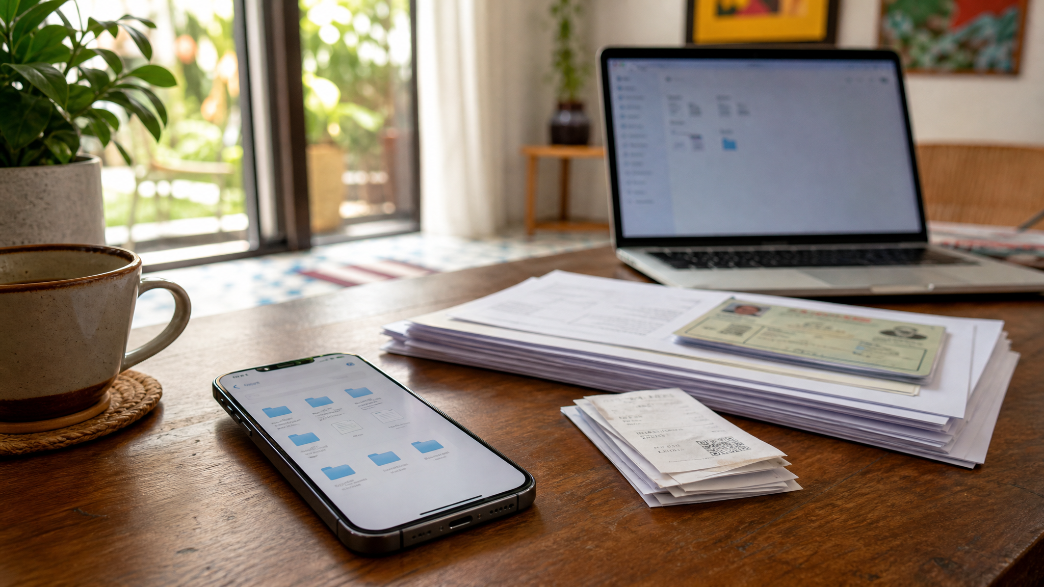 Celular com documentos organizados em pasta principal na nuvem