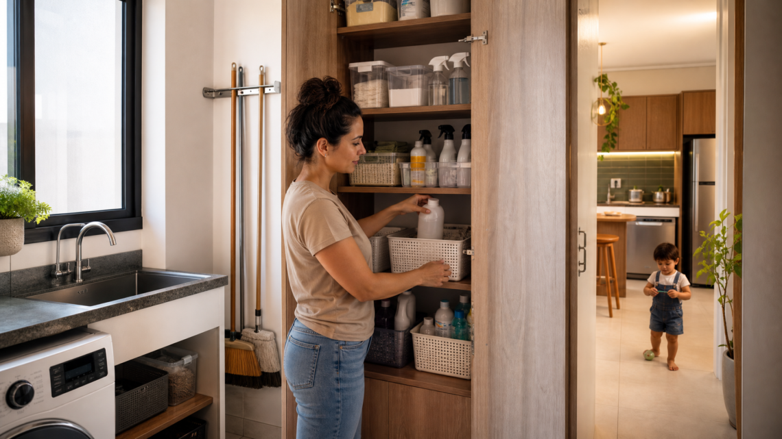 Como organizar produtos de limpeza sem perder espaco nem seguranca