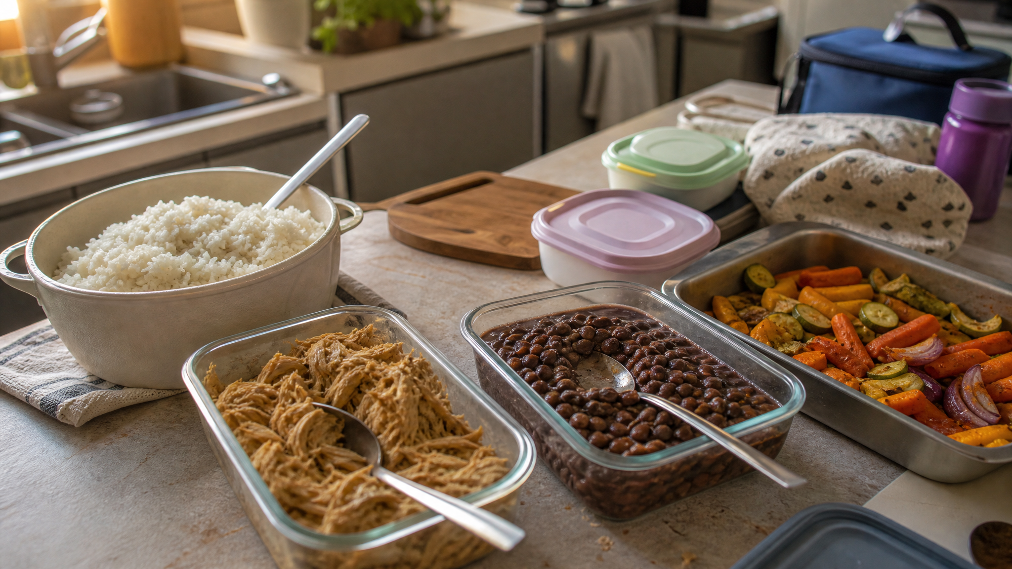 Preparo simples de bases de refeição da semana em cozinha doméstica