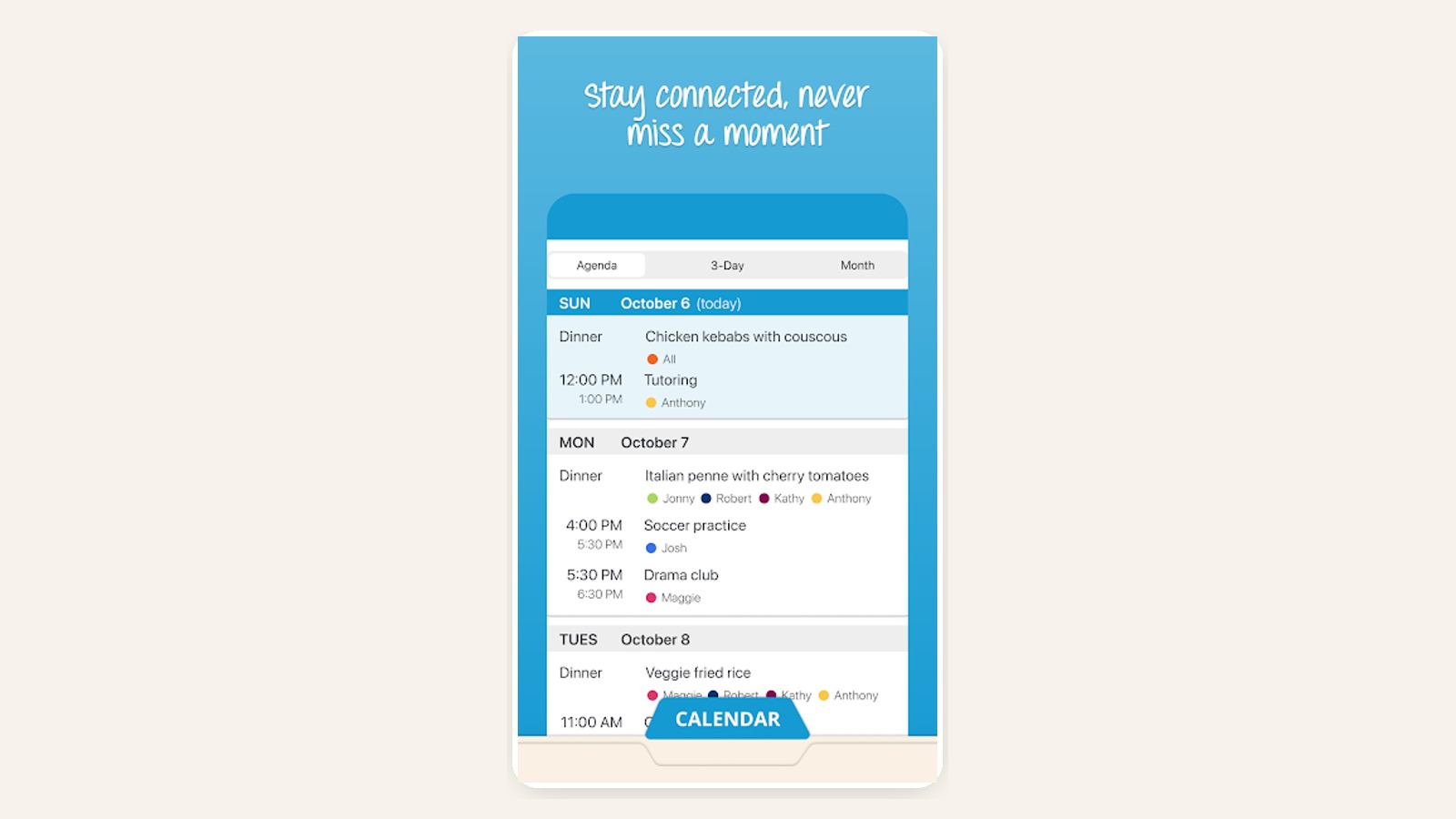 Captura de tela do app Cozi Family Organizer com calendário compartilhado da família
