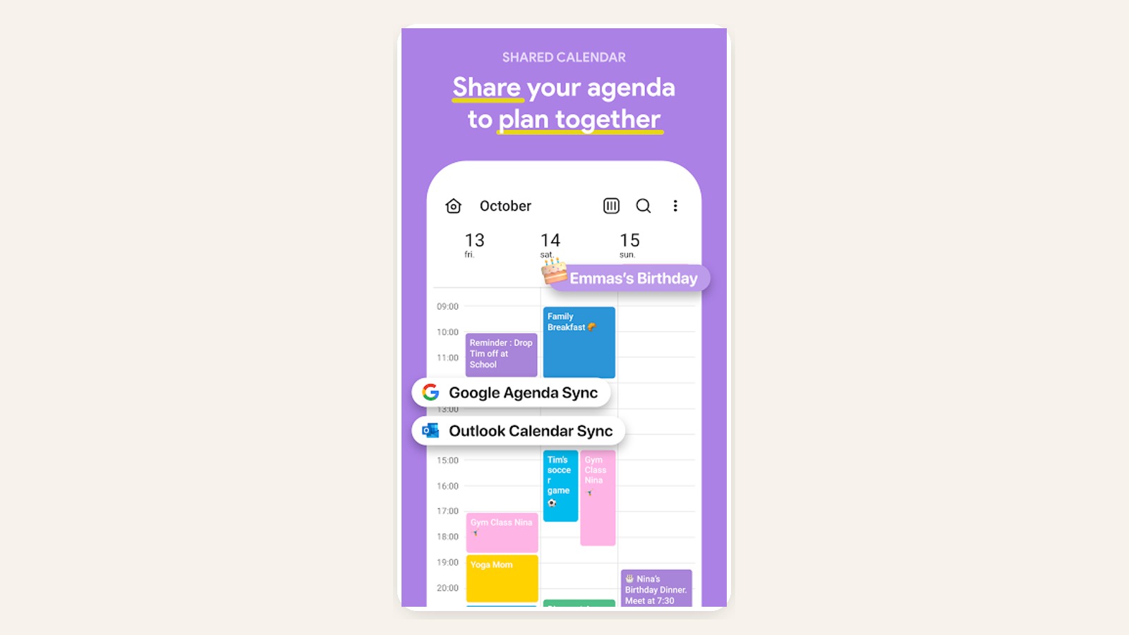 Captura de tela do app FamilyWall mostrando calendário e organização da rotina da família