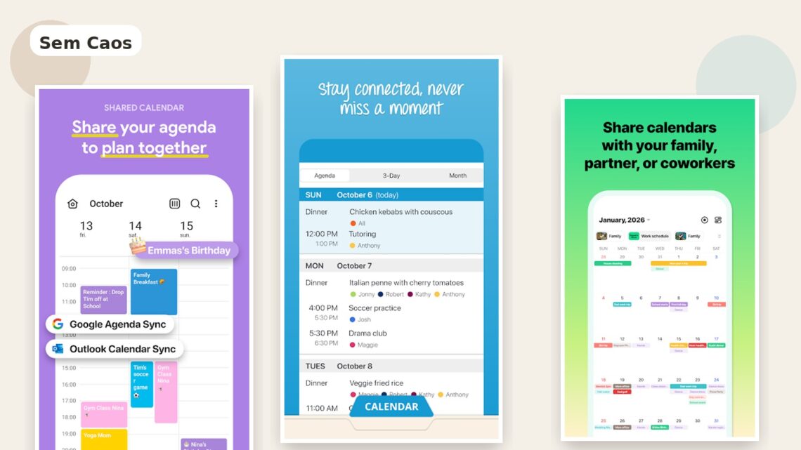 Montagem com telas de FamilyWall, Cozi e TimeTree para ilustrar um comparativo de apps de calendário compartilhado da família