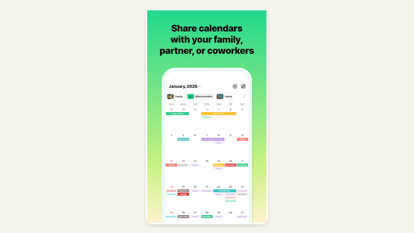 Captura de tela do app TimeTree com calendário compartilhado e comentários por evento