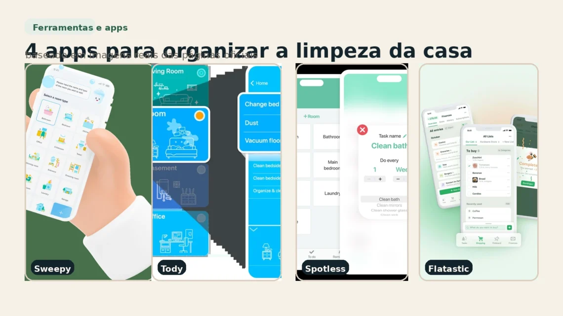 Colagem editorial com screenshots reais de quatro apps para organizar a limpeza da casa.