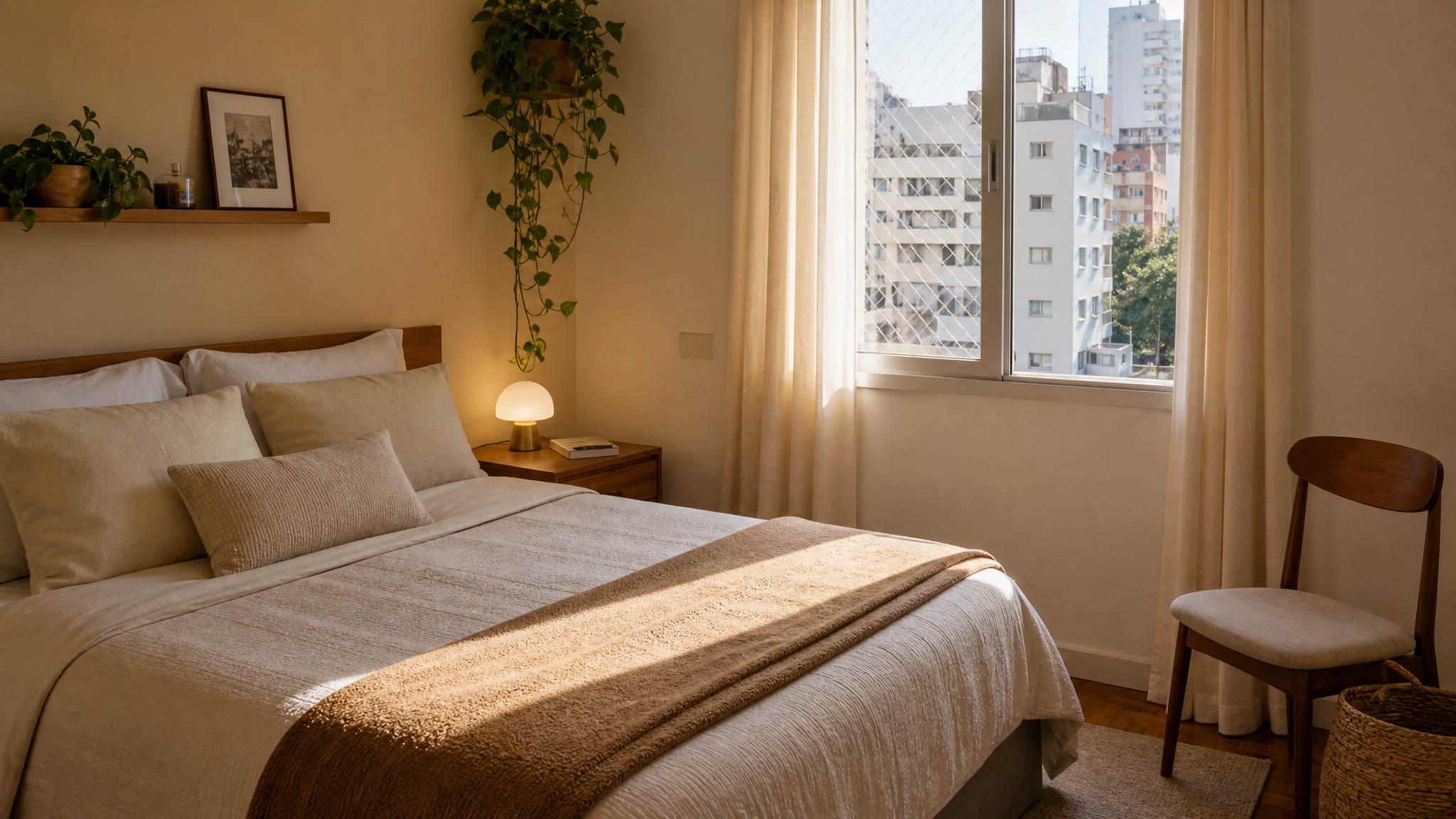 Quarto simples com cama arrumada, roupa guardada e superfície livre, ilustrando um reset visual rápido.