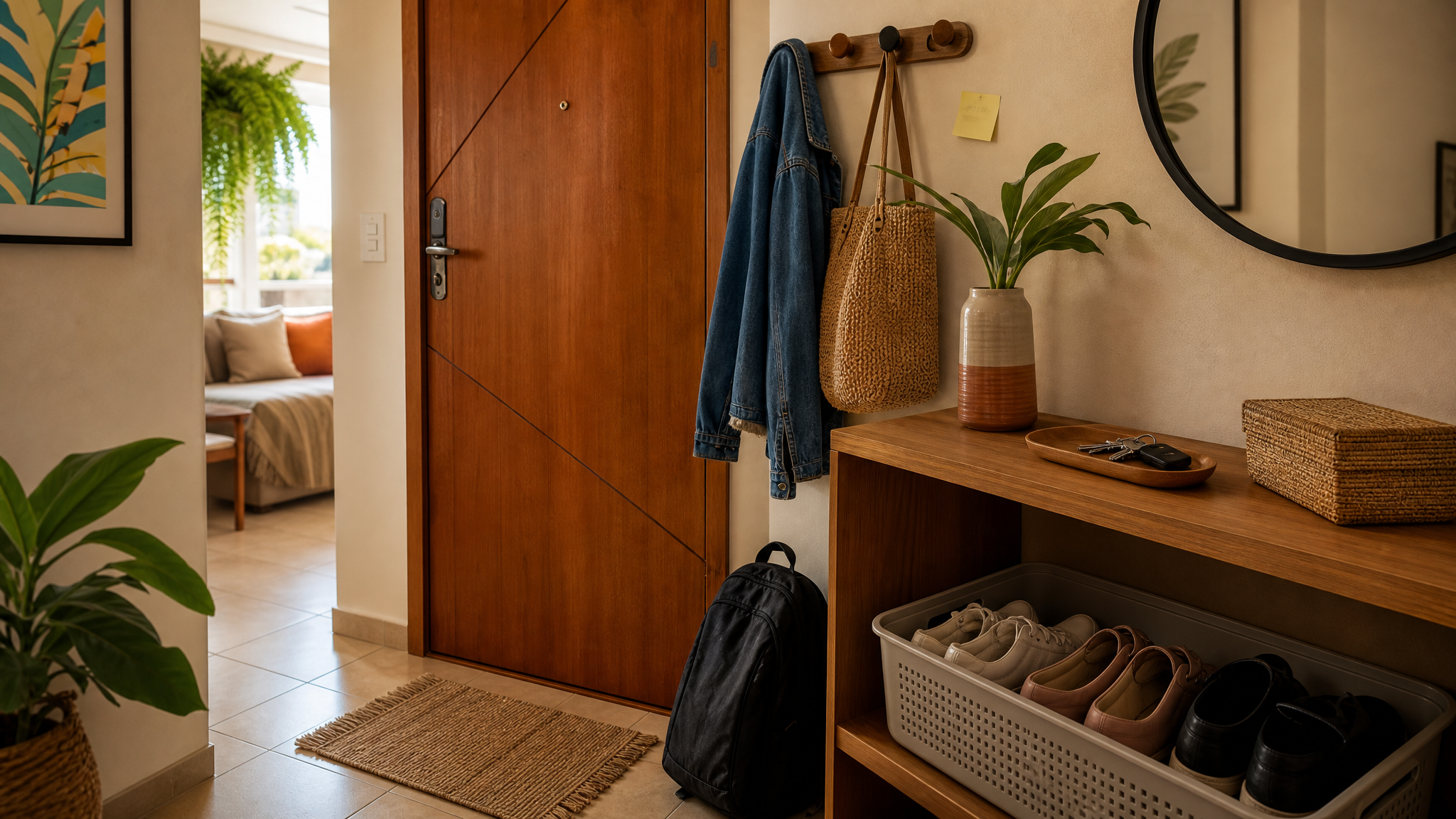 Entrada de casa com mochila, chaves e sapatos posicionados para facilitar a manhã seguinte.