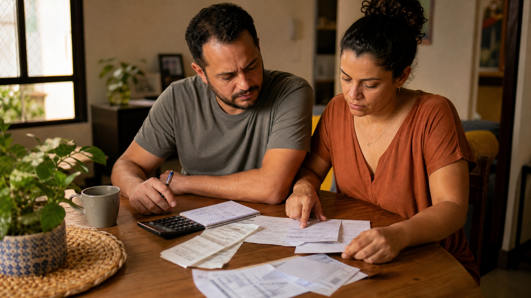 Casal revisando categorias principais do orçamento da casa em mesa simples