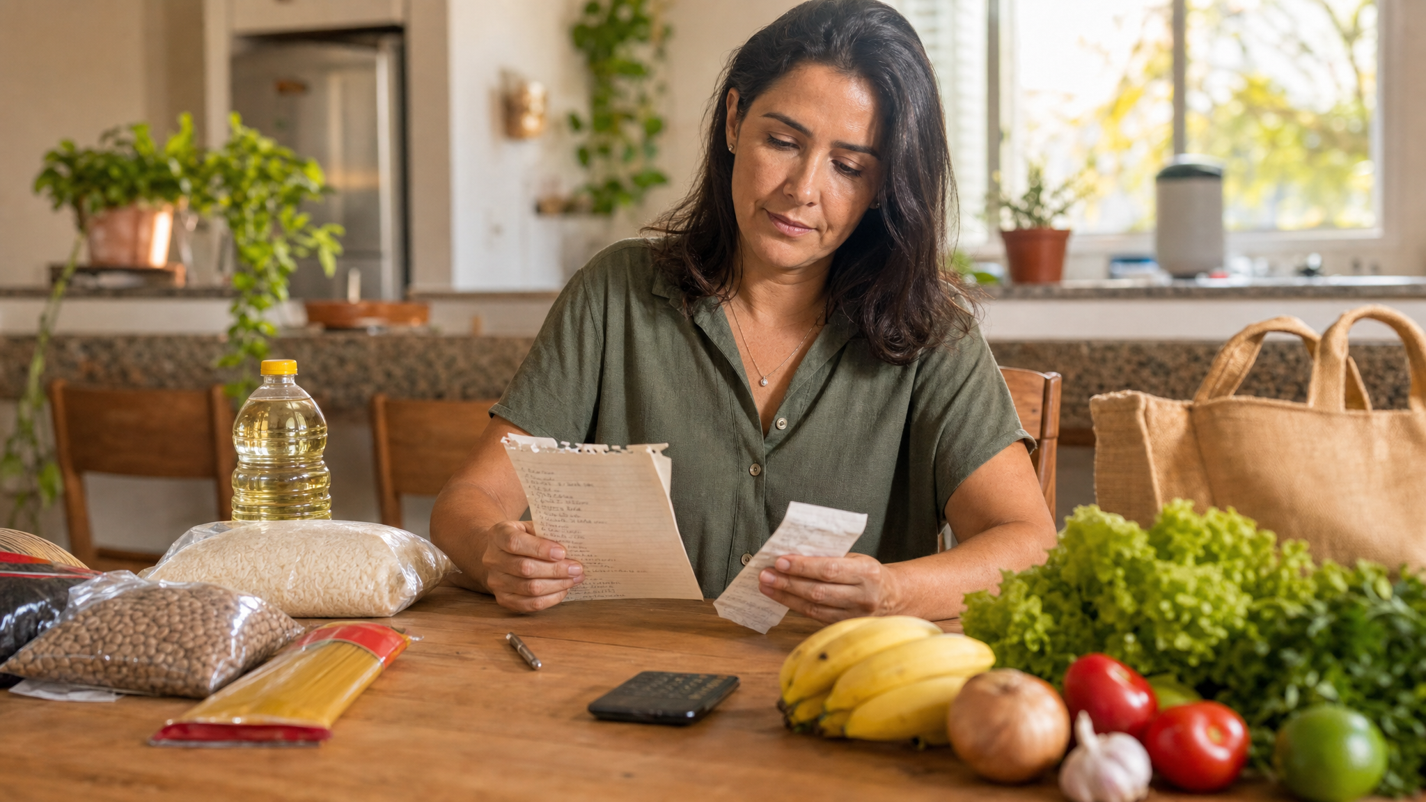 Planejamento realista de compras de mercado com lista e itens básicos