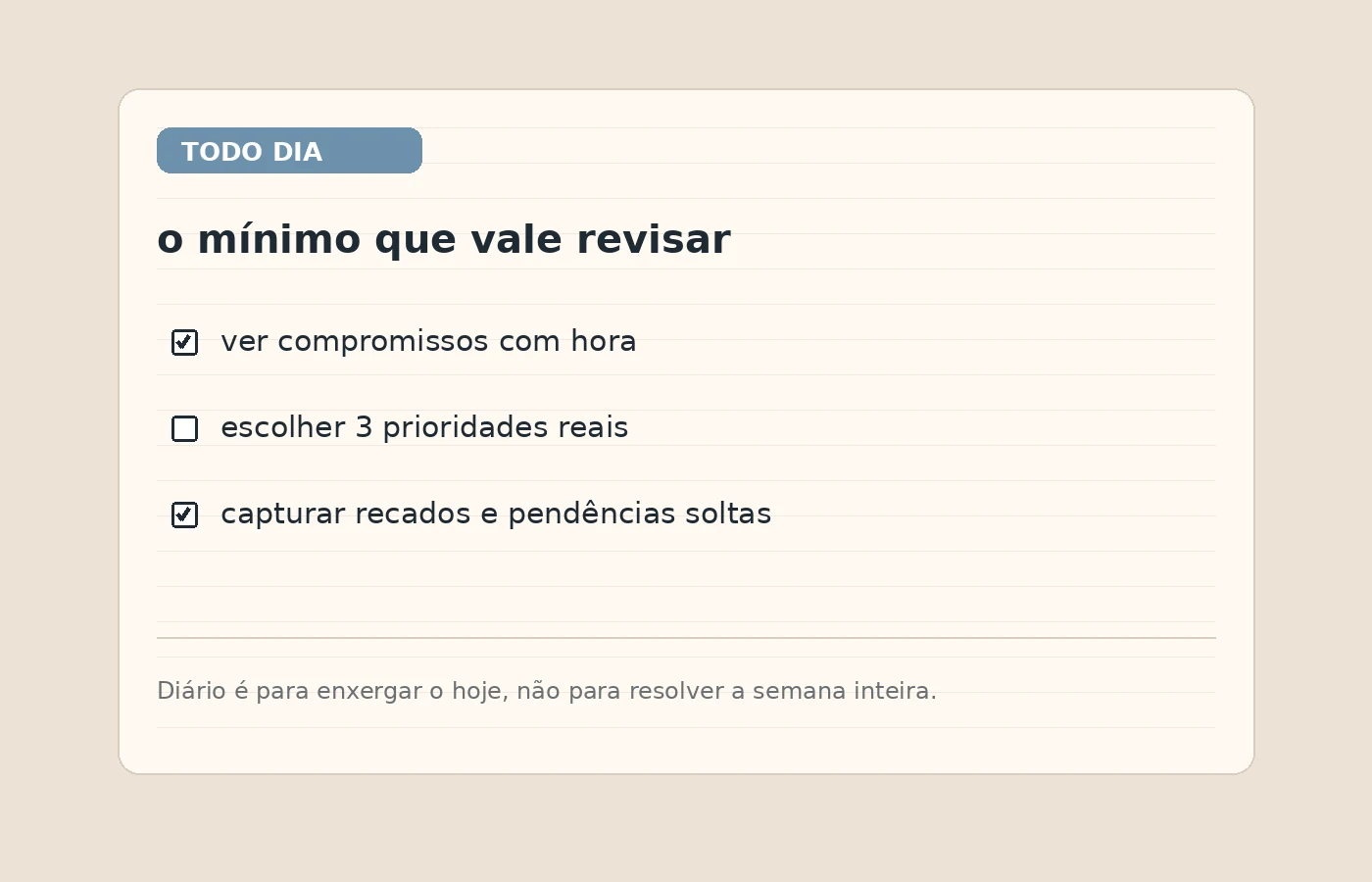 Checklist diário simples com três blocos: compromissos com hora, prioridades reais e pendências soltas.