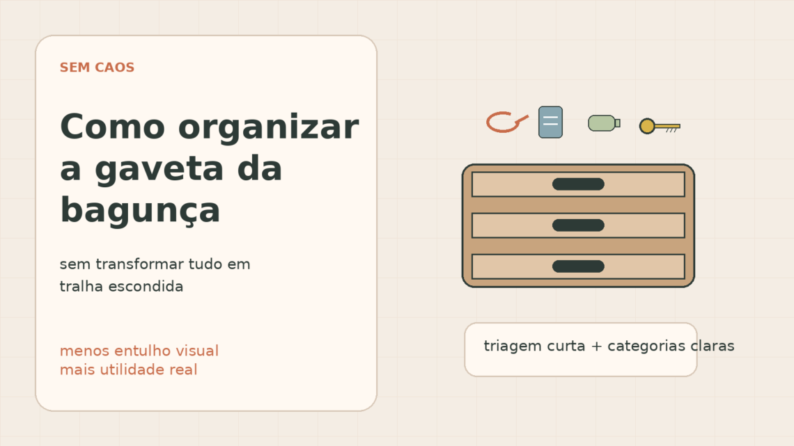 Capa editorial para post sobre organizar a gaveta da bagunça sem esconder tralha.