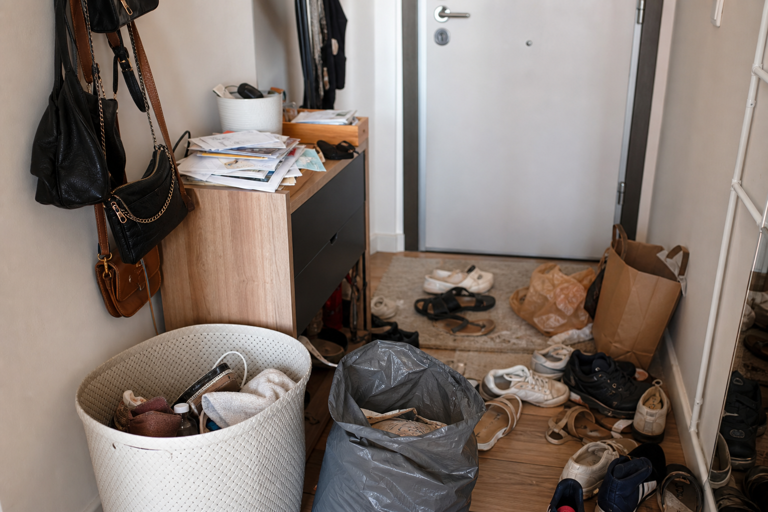 Entrada de apartamento com sapatos, bolsas e correspondências sendo organizados para reduzir a bagunça.