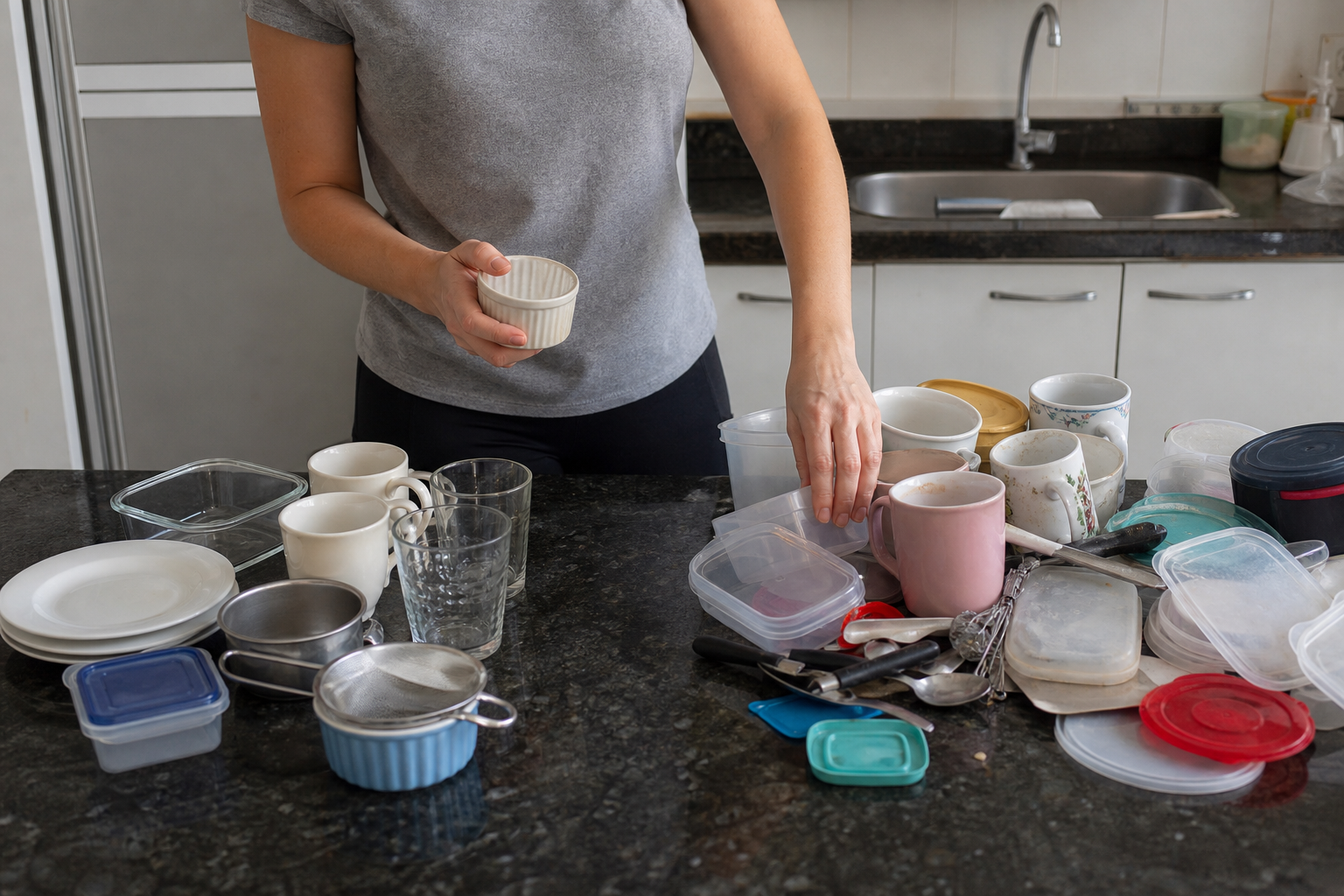 Triagem de cozinha com potes, canecas e utensílios duplicados sendo separados.