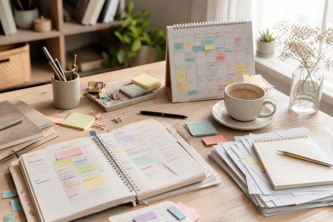 Mesa com planner e tarefas acumuladas, ilustrando a sensação de sobrecarga no meio da semana.