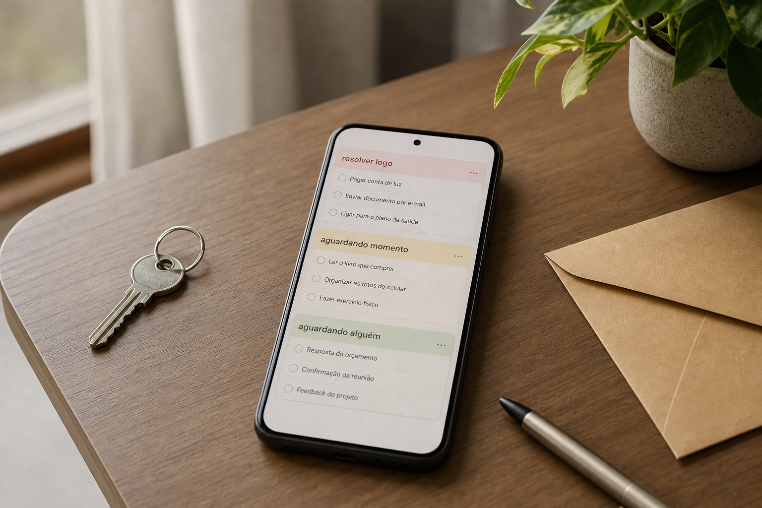 Celular com lista simples de pequenas pendências divididas em três grupos práticos.