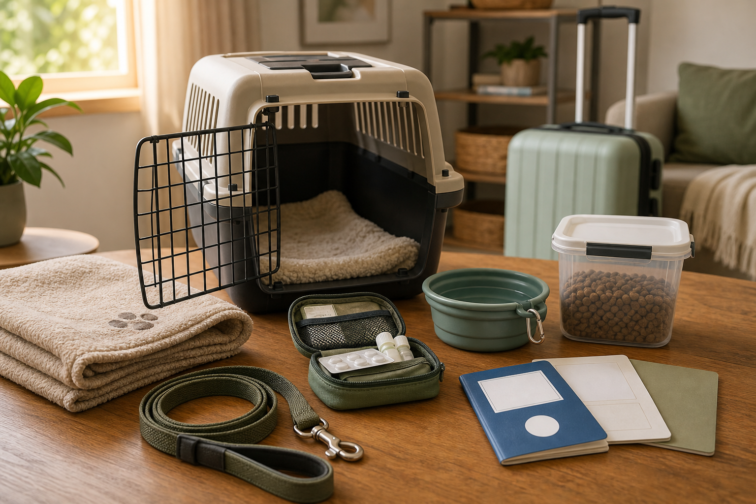 Kit de viagem com pet organizado com documentos, caixa de transporte e itens básicos
