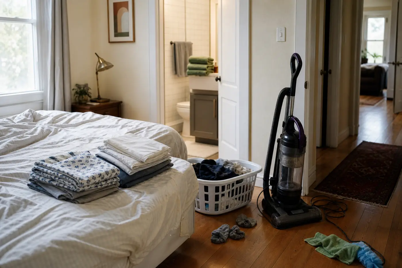 Troca semanal de roupa de cama e manutenção leve da casa