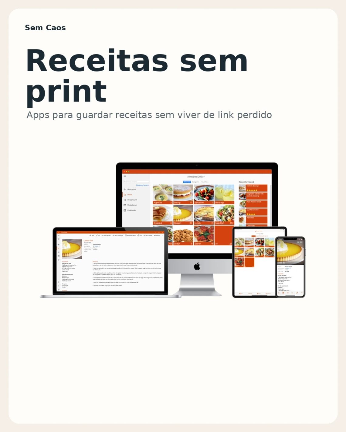 Capa editorial do Sem Caos sobre apps para guardar receitas da família e da internet sem viver de print.