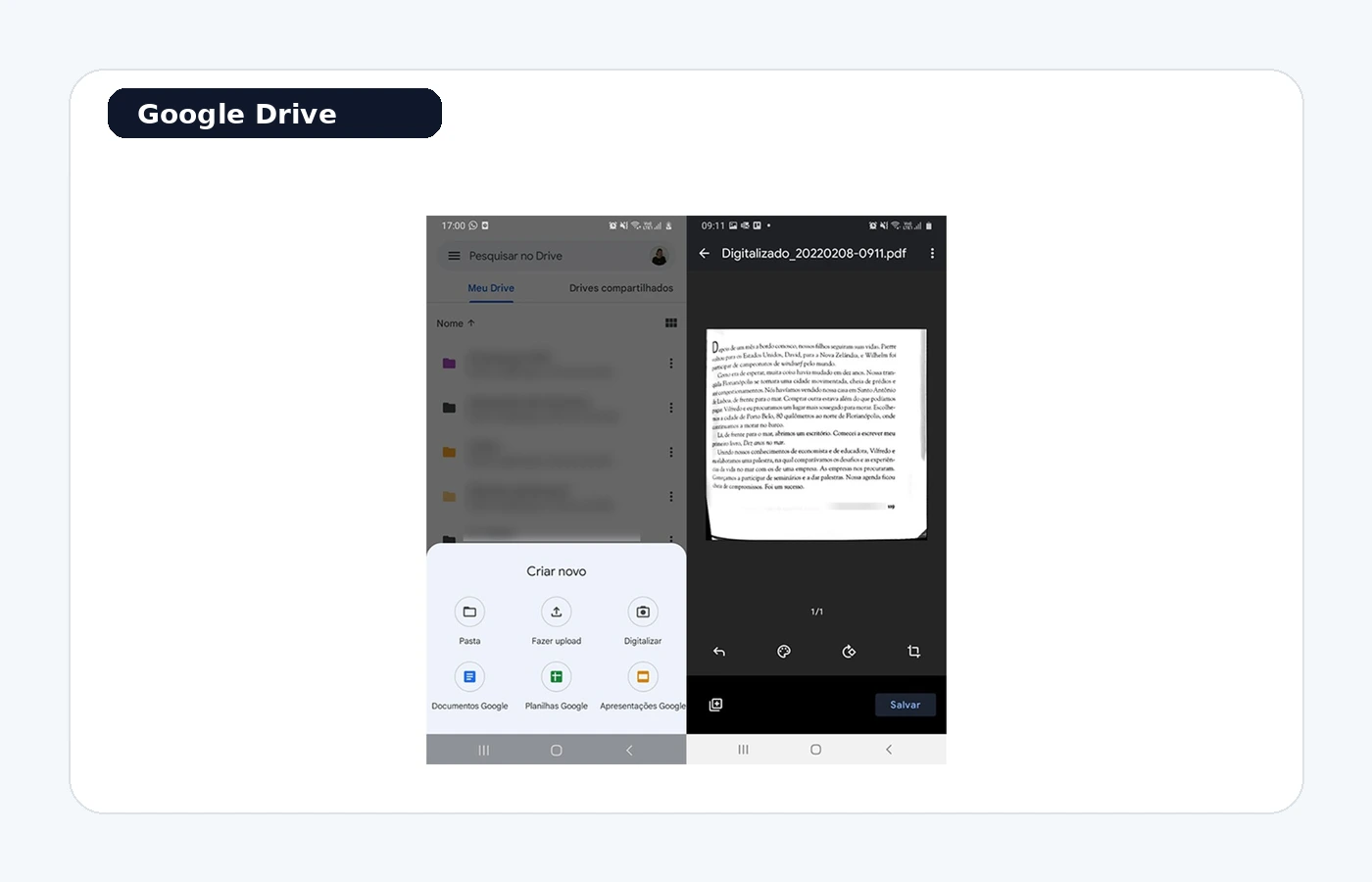 Captura de tela do Google Drive escaneando um documento pelo celular.