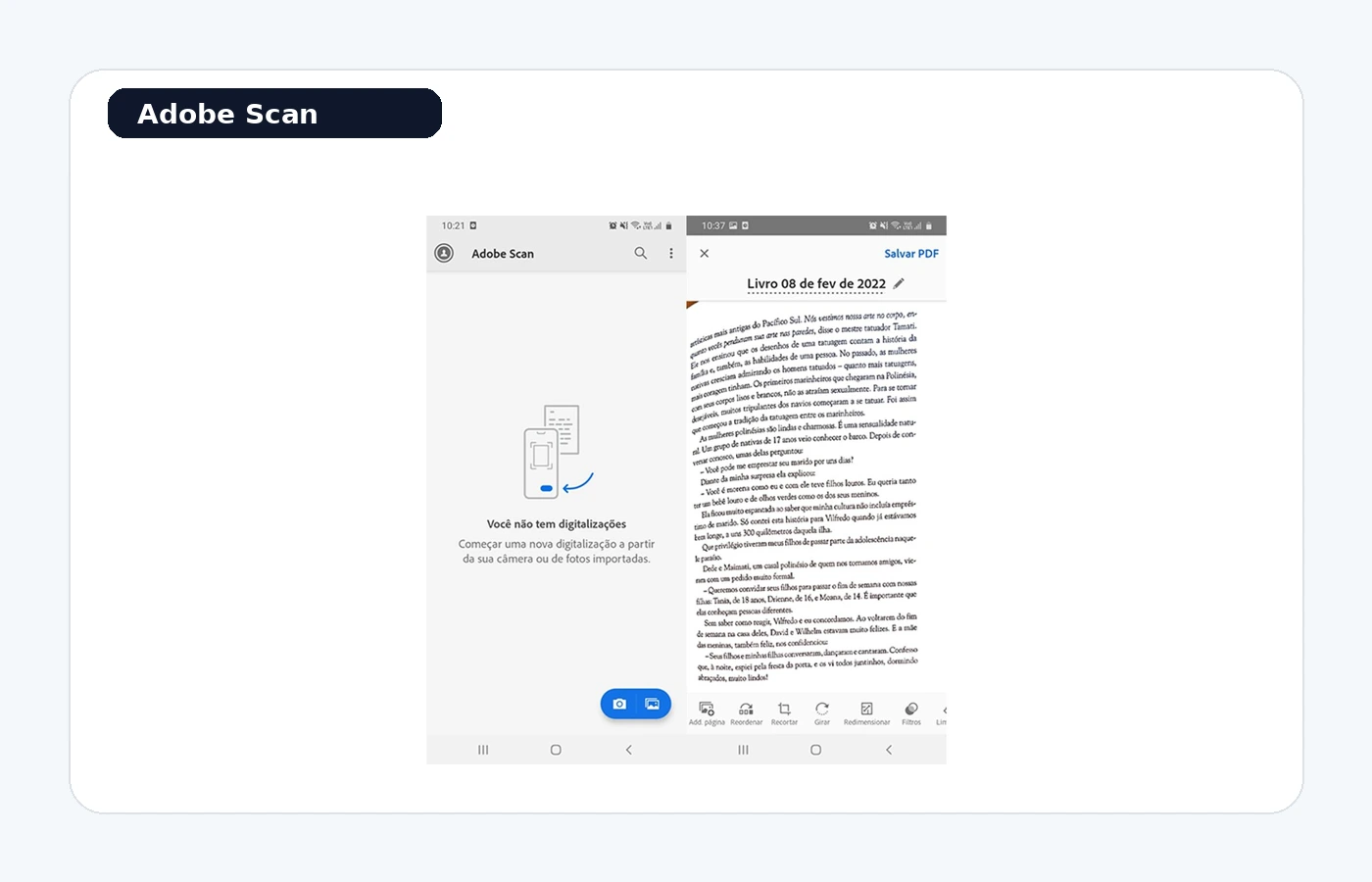 Tela do Adobe Scan mostrando digitalização de documento em alta resolução.