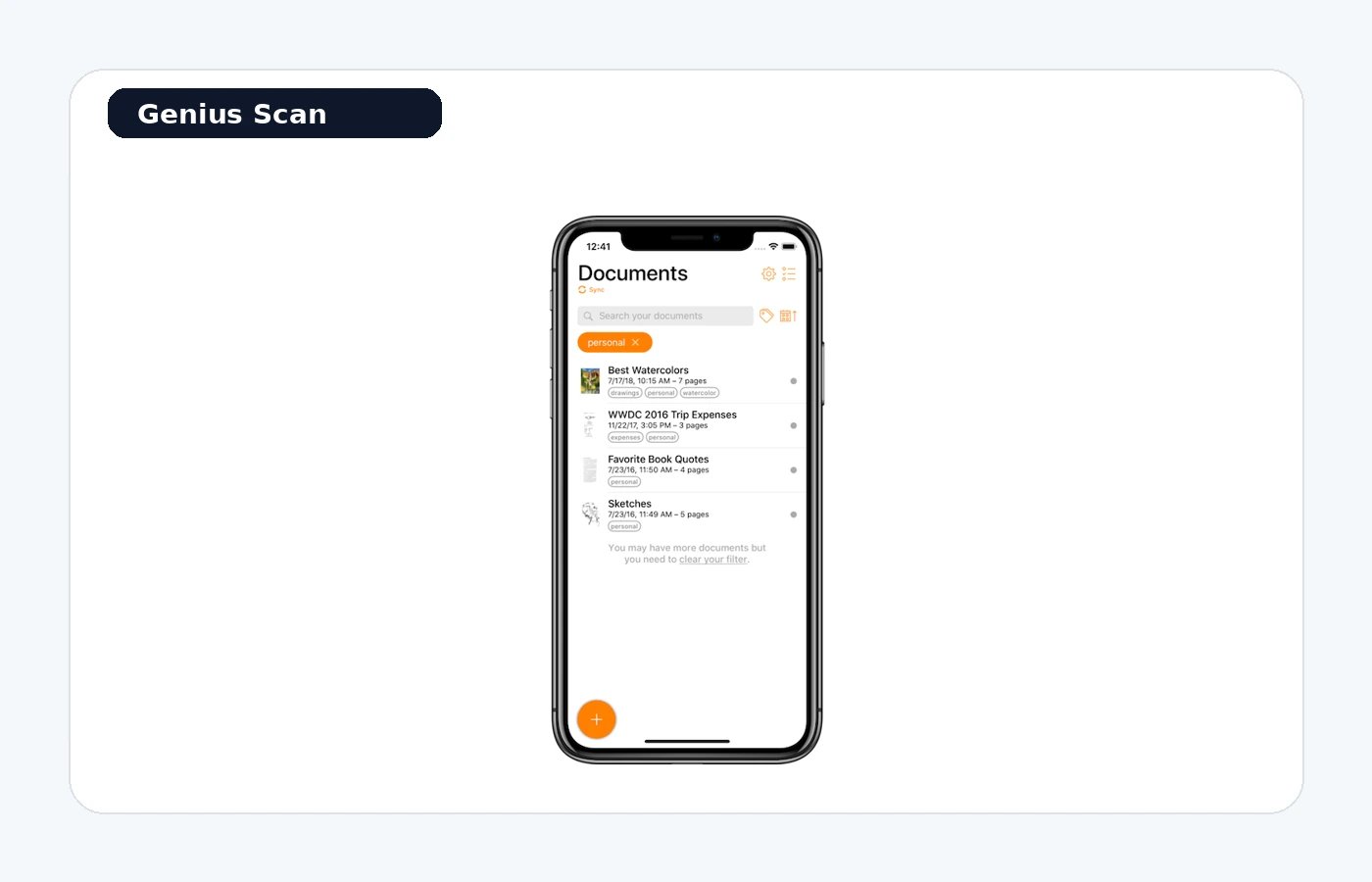Tela do Genius Scan com organização de PDFs e digitalização de documentos.