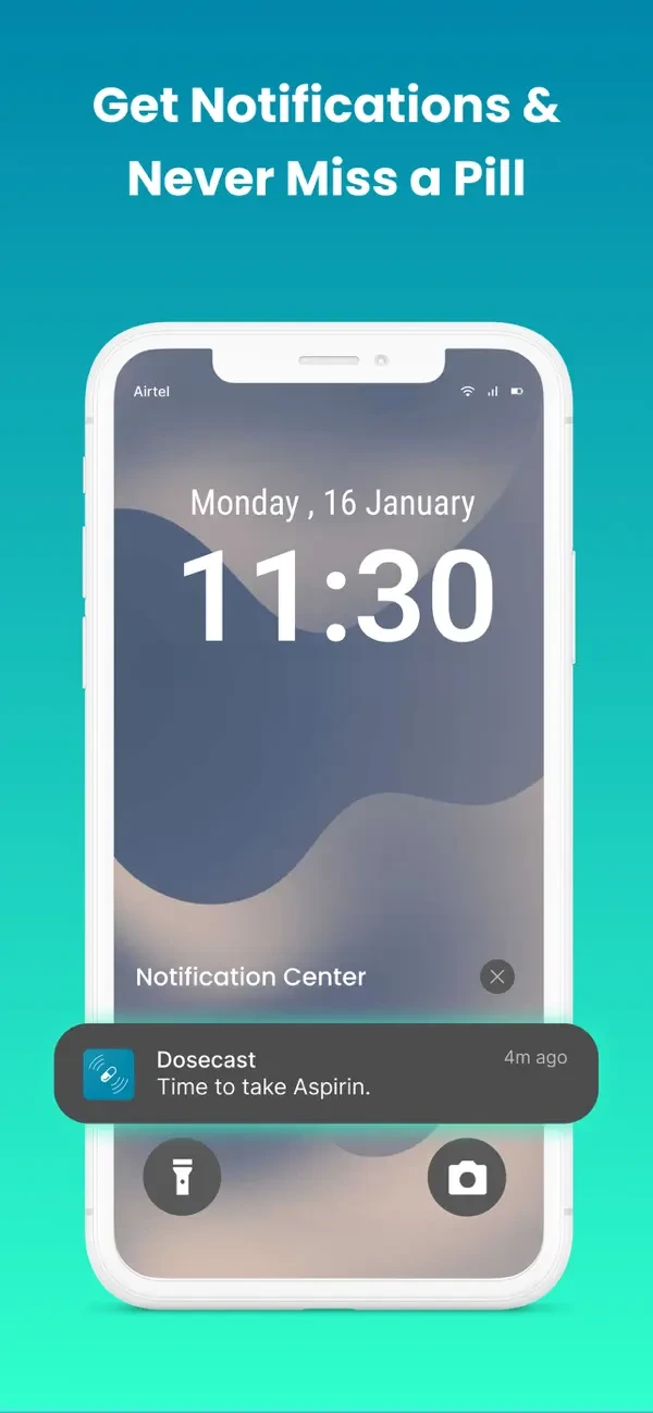 Tela oficial do app Dosecast mostrando lembretes de medicação e agenda flexível de doses.