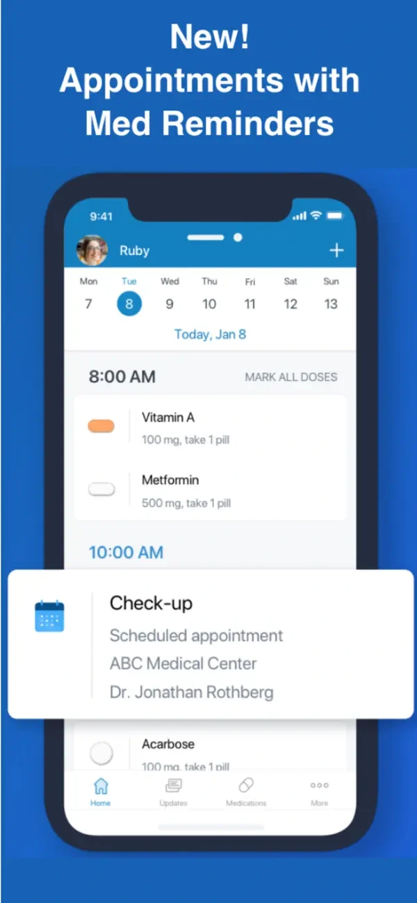 Tela oficial do app Medisafe mostrando lembretes de medicação e visão organizada do tratamento.