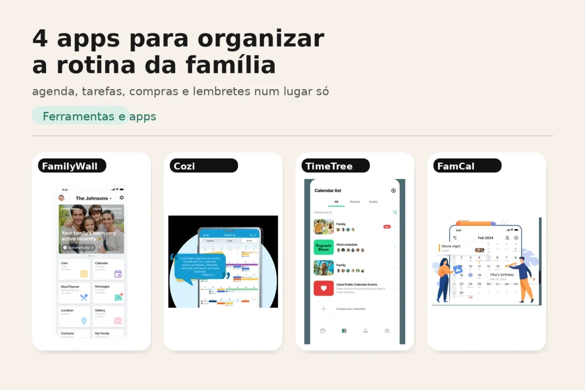 Montagem com quatro apps para organizar a rotina da família.