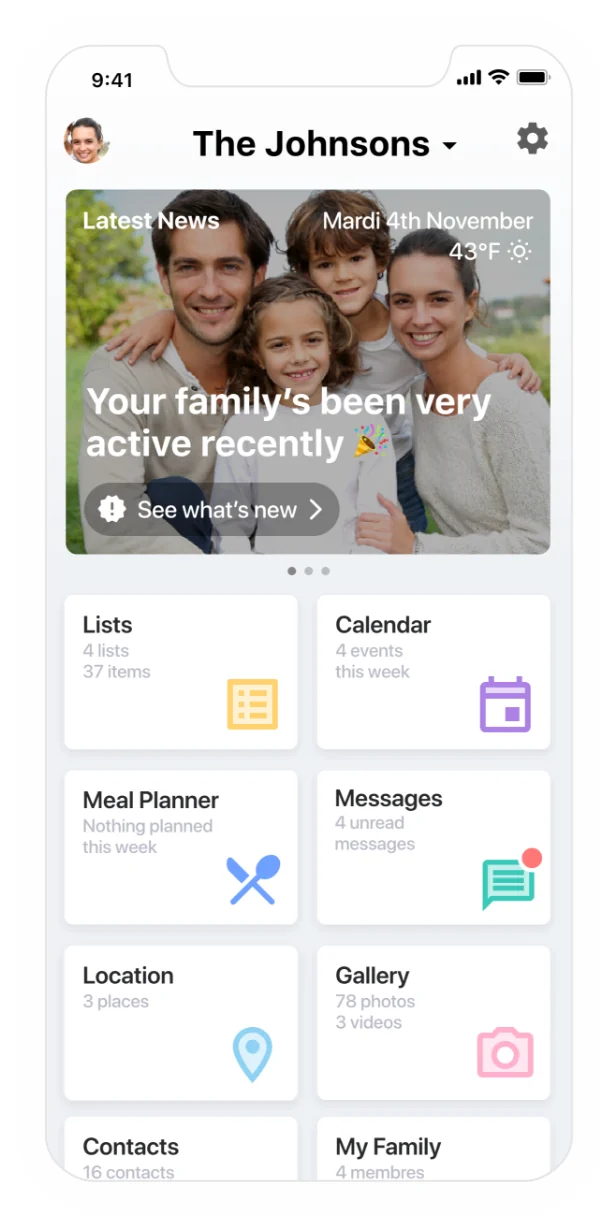 Tela do FamilyWall com calendário e organização compartilhada da família.
