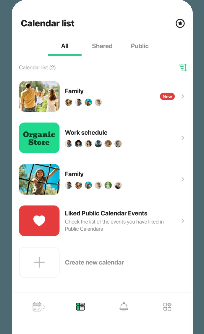 Tela oficial do TimeTree com calendário compartilhado e filtros por grupo.