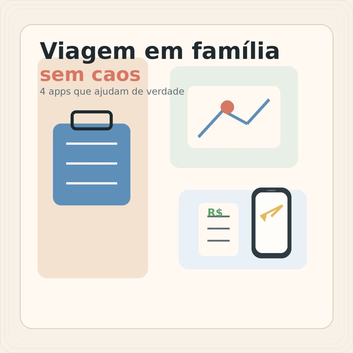 Ilustração editorial com mala, mapa, celular e recibo para representar apps que ajudam a organizar viagem em família sem caos.