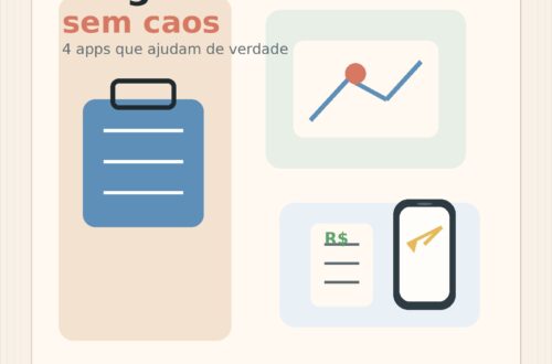 Ilustração editorial com mala, mapa, celular e recibo para representar apps que ajudam a organizar viagem em família sem caos.