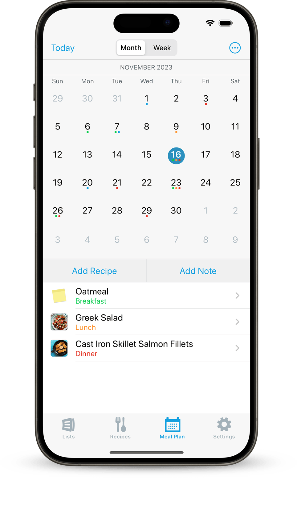 Tela do AnyList mostrando calendário de refeições e receitas da semana.