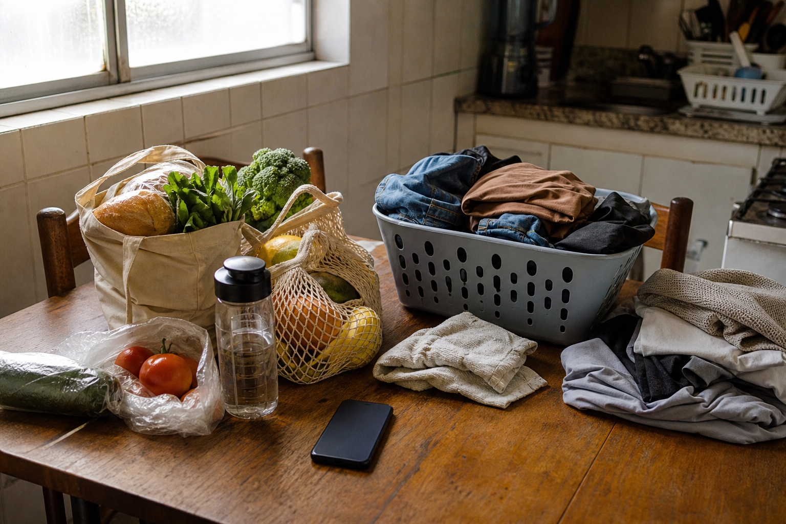 Mesa de cozinha com compras do mercado, cesto de roupa e celular, representando a divisão da folga em blocos práticos.