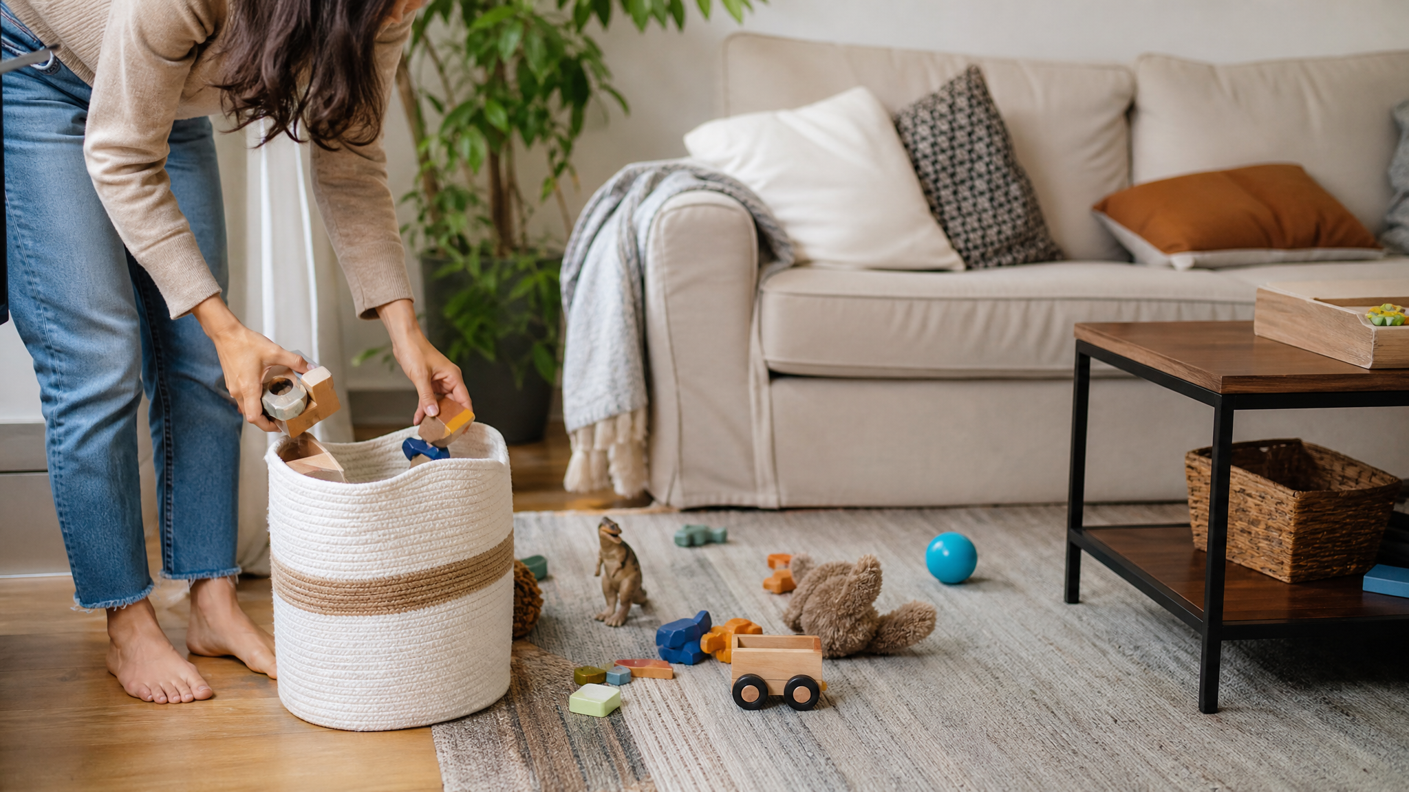 Organização rápida da sala com brinquedos e objetos sendo recolhidos