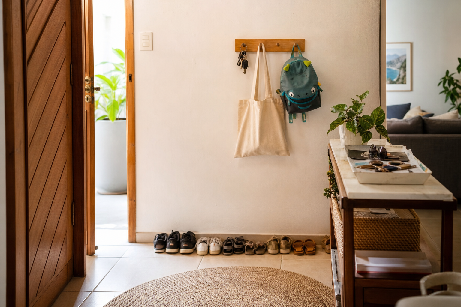 Entrada de casa com chaves, bolsa, mochila infantil e sapatos organizados em um ponto único de apoio.