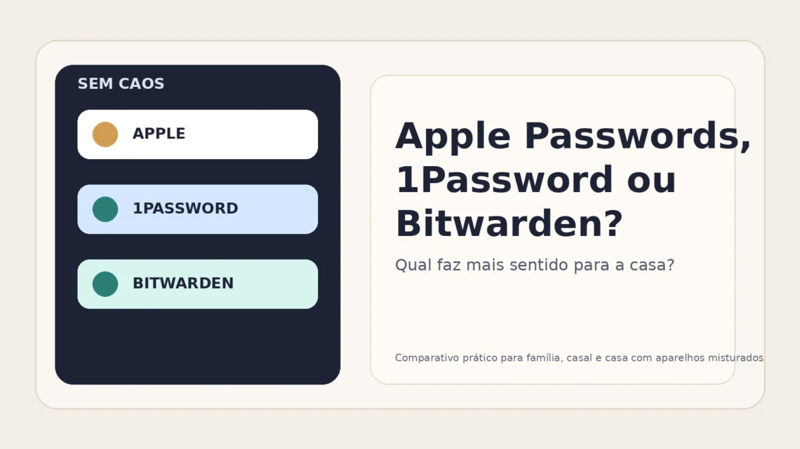 Capa do Sem Caos comparando Apple Passwords, 1Password e Bitwarden para a rotina da casa.