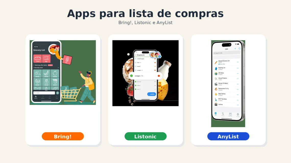 Card editorial comparando os apps Bring!, Listonic e AnyList para lista de compras compartilhada.