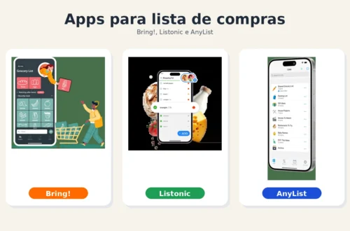 Card editorial comparando os apps Bring!, Listonic e AnyList para lista de compras compartilhada.
