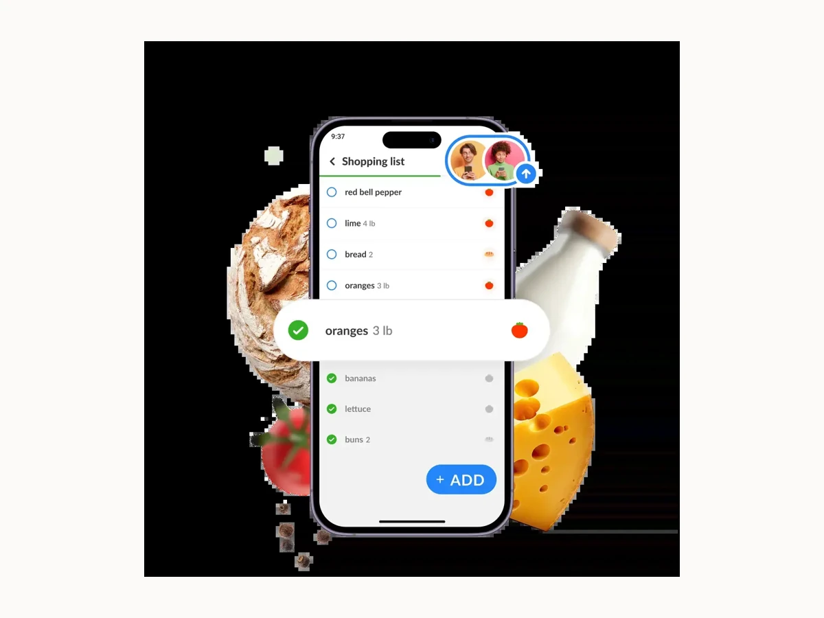 Tela do app Listonic com categorias automáticas e lista de compras organizada no celular.