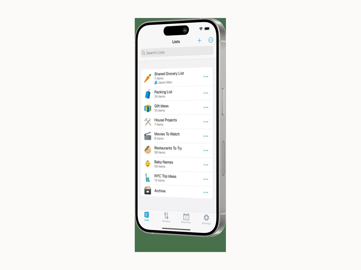 Tela do app AnyList com lista de compras detalhada em iPhone.