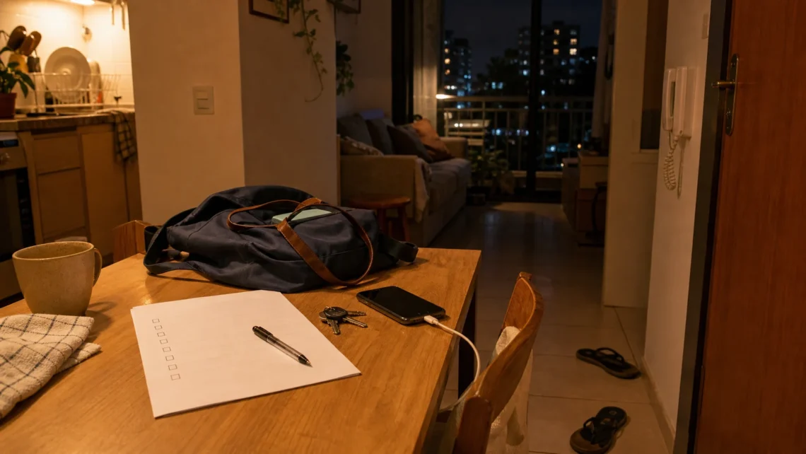 Mesa de fim de noite com itens essenciais organizados e clima de fechamento do dia.