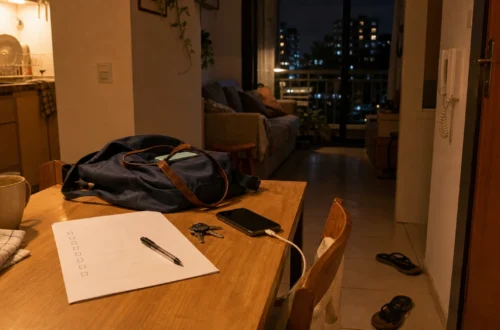 Mesa de fim de noite com itens essenciais organizados e clima de fechamento do dia.