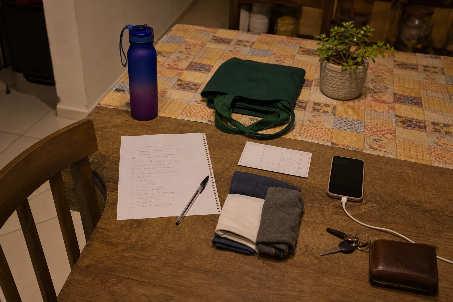 Mesa de fim de noite com checklist curta, celular carregando e poucos itens essenciais já organizados para o dia seguinte.