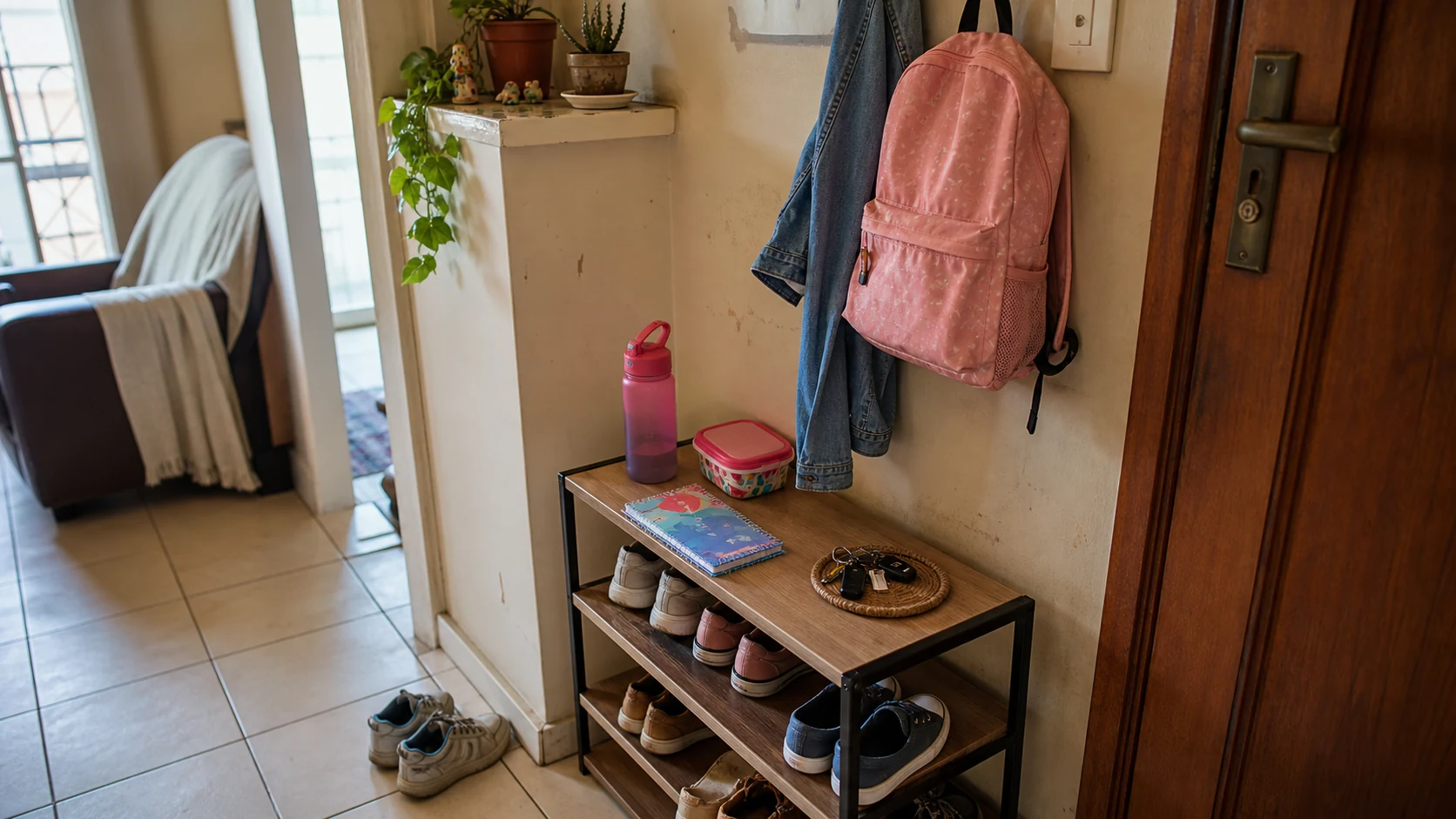Entrada da casa com bolsa, chave, garrafa e itens do dia seguinte já separados de forma simples.