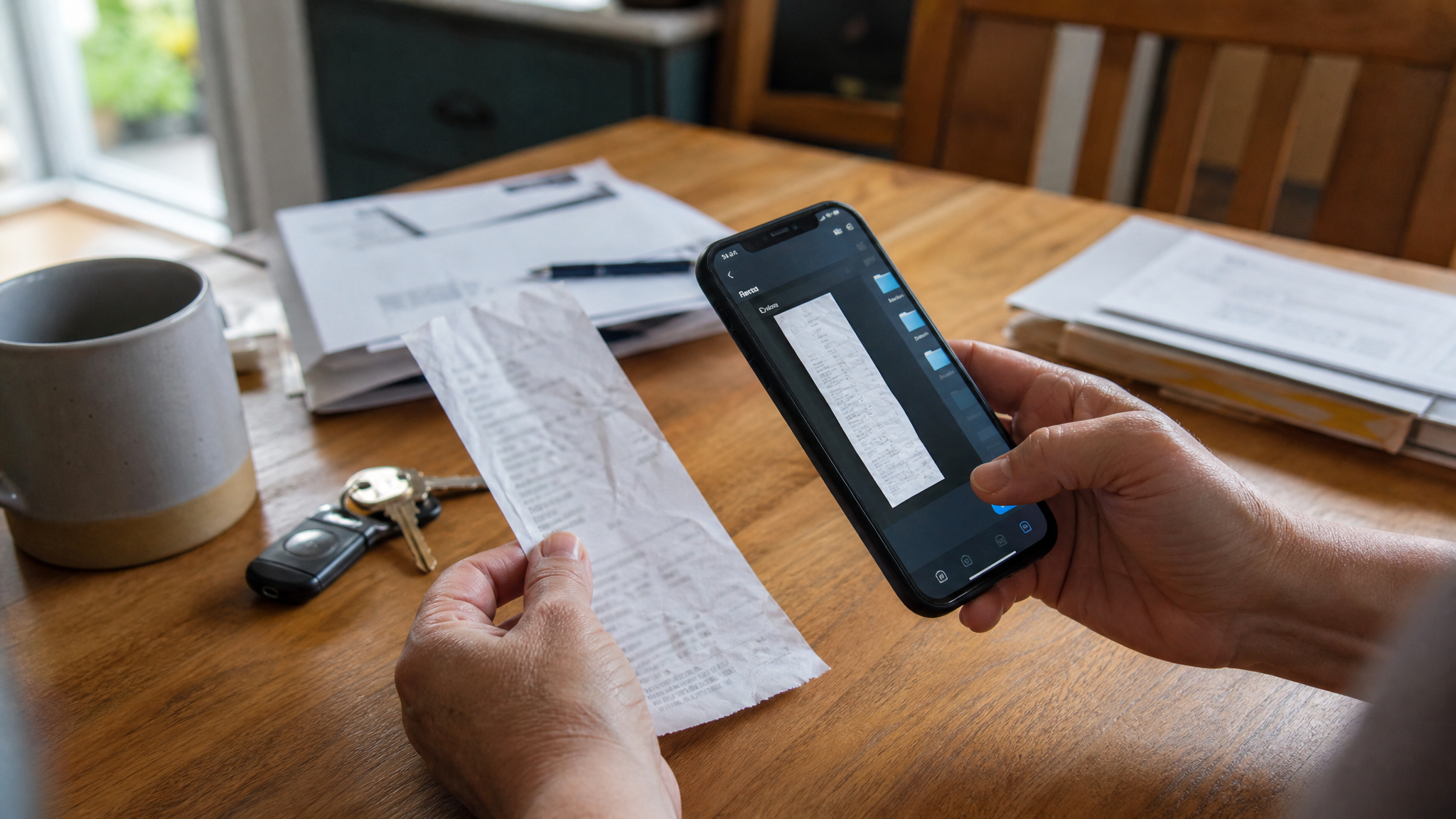 Celular organizando notas de compra em pasta digital com PDFs e datas visíveis.