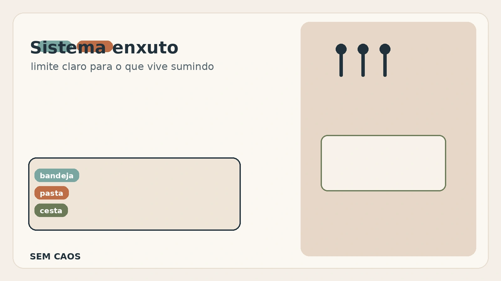 Bandeja simples com limite visual, cesta pequena e pasta fina mostrando um sistema enxuto para itens recorrentes.