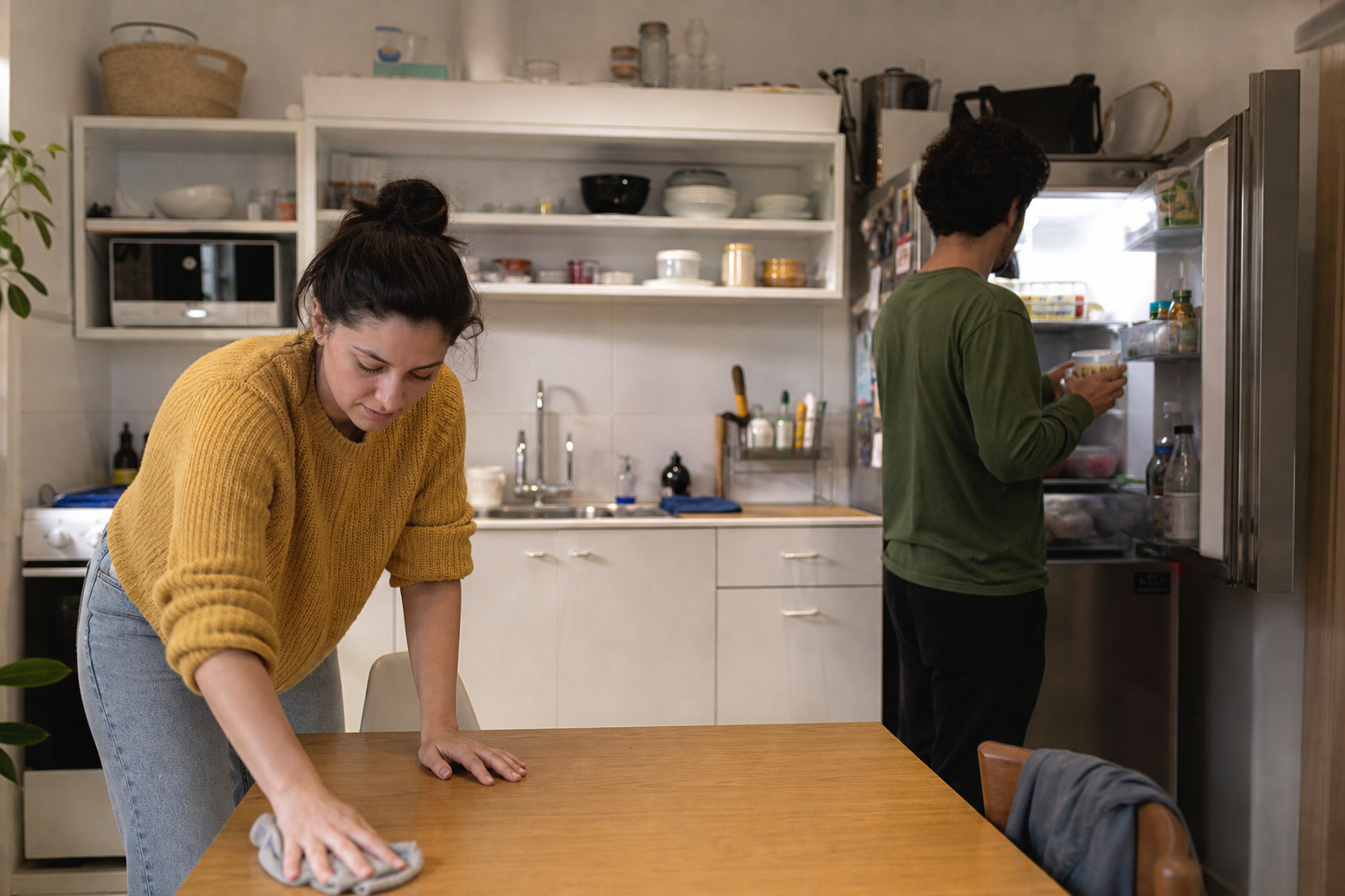 Duas pessoas fazendo um fechamento leve da cozinha em casa no fim do dia