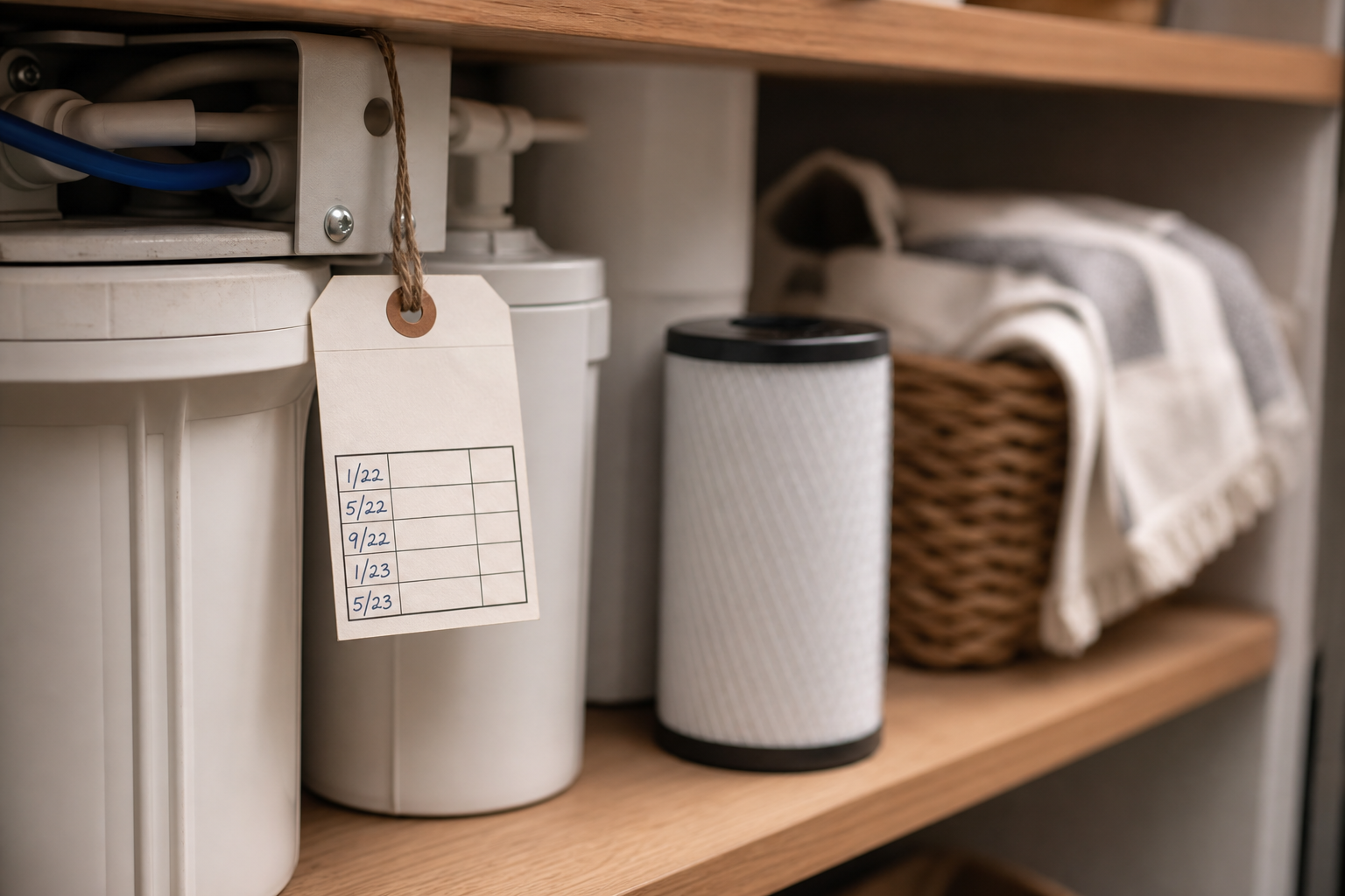Etiqueta com data da última manutenção presa perto de filtro e materiais de reposição da casa.