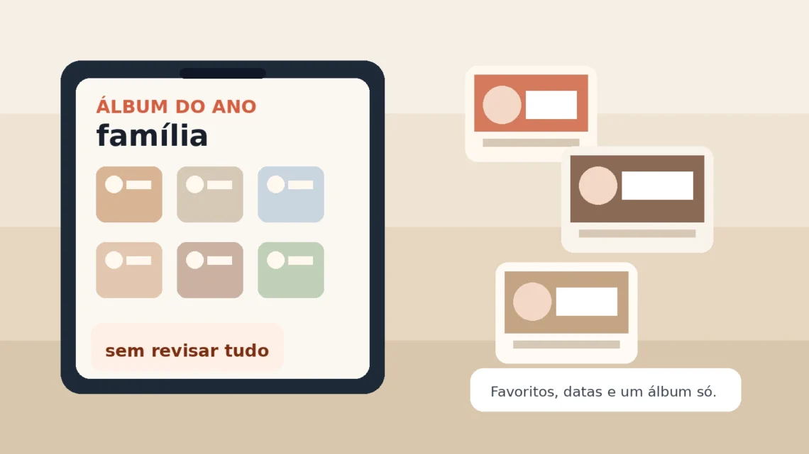 Mockup editorial de álbum anual da família no celular com miniaturas e destaque para curadoria simples.