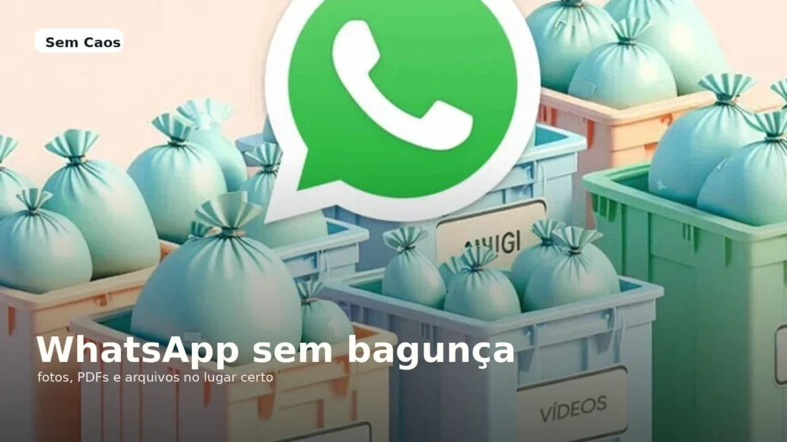 Card do Sem Caos com o título WhatsApp sem bagunça para post sobre organizar fotos, PDFs e arquivos do aplicativo.